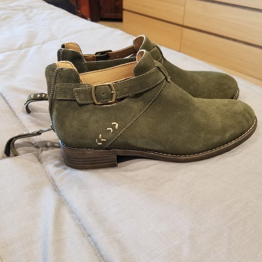 Sage green, suede booties from Skechers